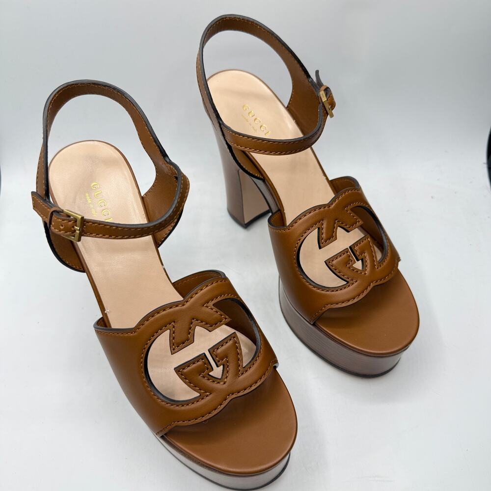 Gucci Brown Leather Heels with Platform and Ankle Strap